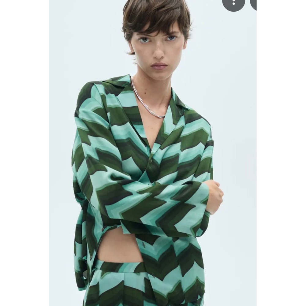 Mango Green Chevron Print Two Piece Set Button Down Shirt & Wide Leg Pants